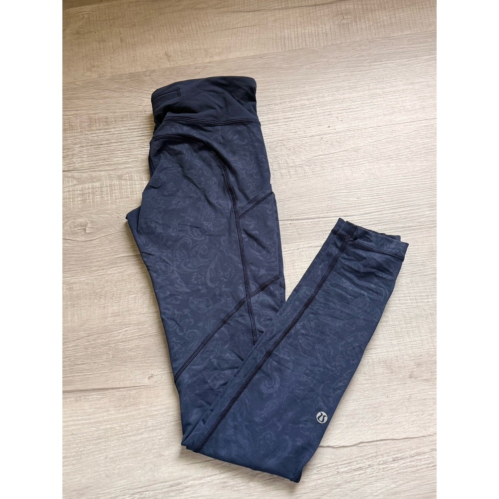 Lululemon womens Speed Tights Pants Lux Navy Paisley Embossed Inkwell Ruched‎